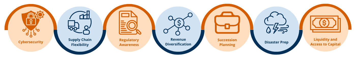 7 Business Resilience Strategies, •	Shield with check – Cybersecurity •	Factory with arrows – Supply chain flexibility •	Document with magnifier – Regulatory awareness •	Pie chart – Revenue diversification •	Briefcase with person icon – Succession planning •	Cloud with lightning bolt – Disaster prep •	Dollar sign with arrows – Liquidity and access to capital