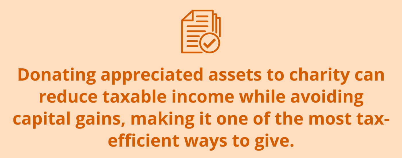 Copy callout box: "Donating appreciated assets to charity can reduce taxable income while avoiding capital gains, making it one of the most tax-efficient ways to give."
